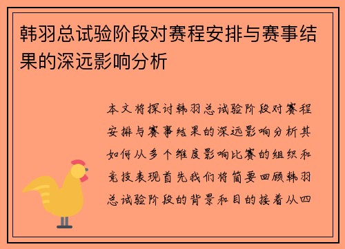 韩羽总试验阶段对赛程安排与赛事结果的深远影响分析