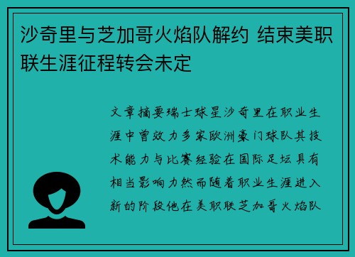沙奇里与芝加哥火焰队解约 结束美职联生涯征程转会未定